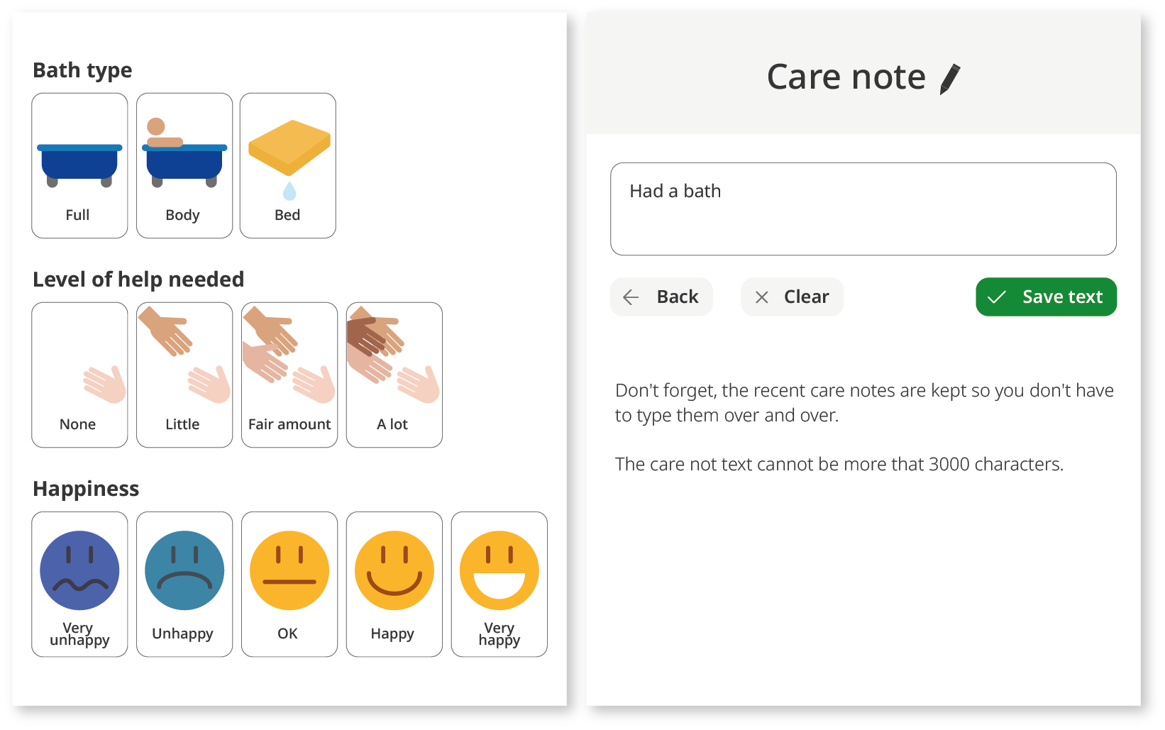 Bath options and care notes